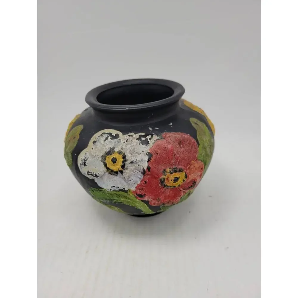 Vintage Tiffin Glass Black Satin Poppy Vase Art Deco Painted Coralene 5.5